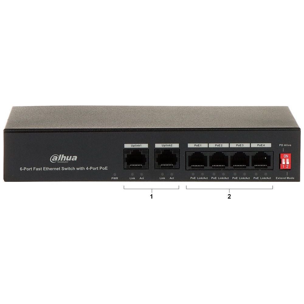 Switch, Dahua PFS3006-4ET-36, 6 porturi, 4x PoE 10/100Mbps, 2x uplink 10/100Mbps, 36W, Watchdog